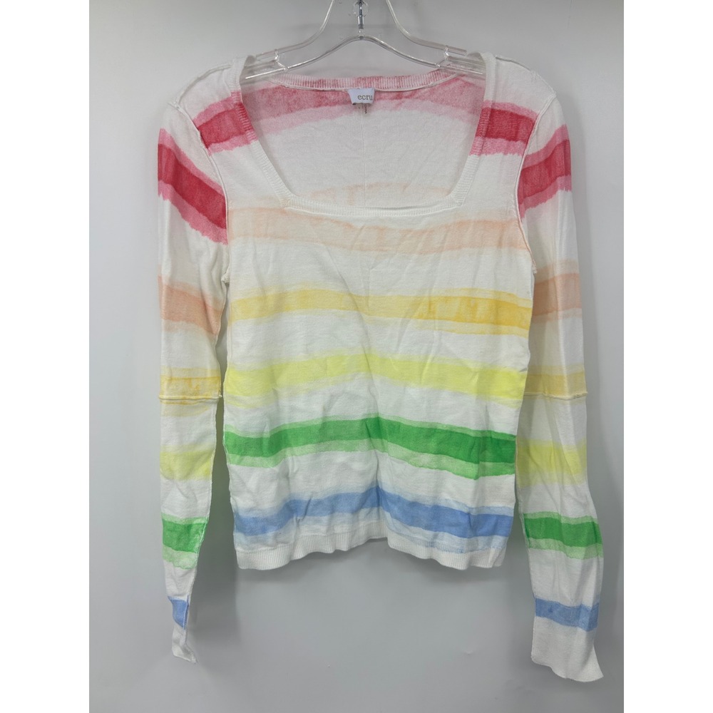 Ecru Womens Rainbow Watercolor Stripe Cotton Square Neck Sweater Size S